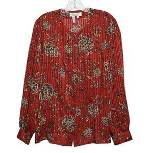 Laura & Jayme Collection Womens Red Floral Button Down LongSleeve Blouse Size 16